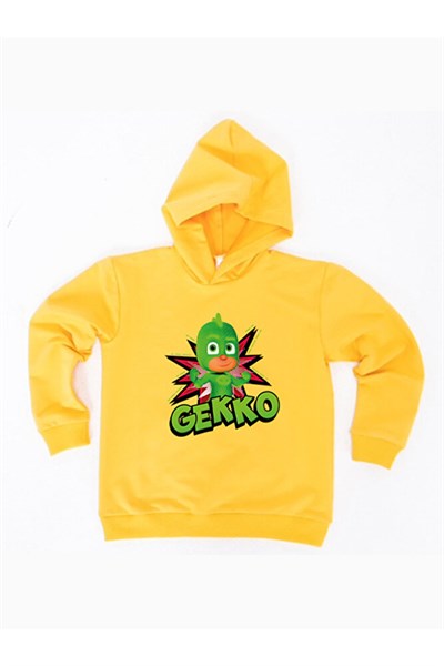 Pj maskeliler Gekko baskılı kapüşonlu pamuklu kumaş çocuk sweatshirt