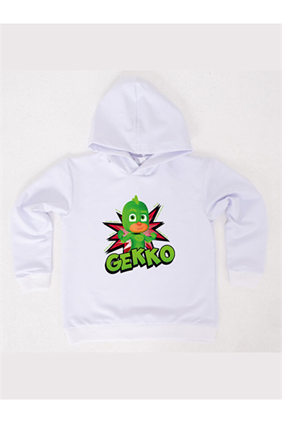 Pj maskeliler Gekko baskılı kapüşonlu pamuklu kumaş çocuk sweatshirt