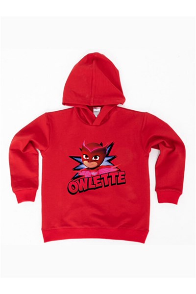 Pj maskeliler Owlette baskılı kapüşonlu pamuklu kumaş çocuk sweatshirt