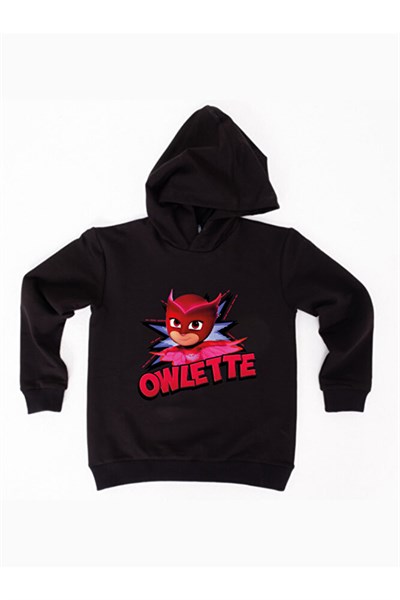 Pj maskeliler Owlette baskılı kapüşonlu pamuklu kumaş çocuk sweatshirt