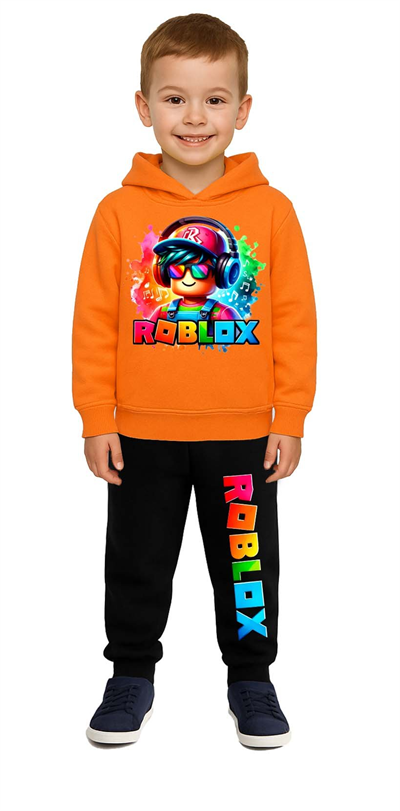 Roblox Baskılı Çocuk Eşofman Takımı 3 İplik Şardonlu Pamuklu Kumaş Kapüşonlu