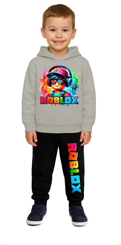 Roblox Baskılı Çocuk Eşofman Takımı 3 İplik Şardonlu Pamuklu Kumaş Kapüşonlu