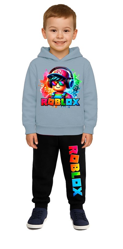 Roblox Baskılı Çocuk Eşofman Takımı 3 İplik Şardonlu Pamuklu Kumaş Kapüşonlu
