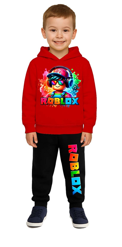 Roblox Baskılı Çocuk Eşofman Takımı 3 İplik Şardonlu Pamuklu Kumaş Kapüşonlu