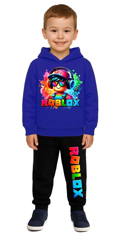 Roblox Baskılı Çocuk Eşofman Takımı 3 İplik Şardonlu Pamuklu Kumaş Kapüşonlu