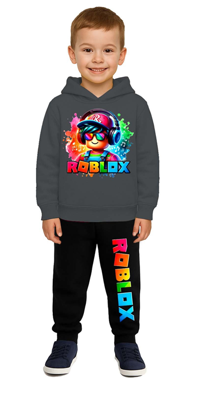Roblox Baskılı Çocuk Eşofman Takımı 3 İplik Şardonlu Pamuklu Kumaş Kapüşonlu