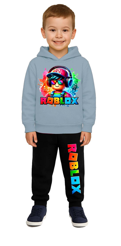 Roblox Baskılı Çocuk Eşofman Takımı 3 İplik Şardonlu Pamuklu Kumaş Kapüşonlu