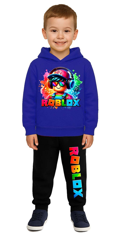 Roblox Baskılı Çocuk Eşofman Takımı 3 İplik Şardonlu Pamuklu Kumaş Kapüşonlu