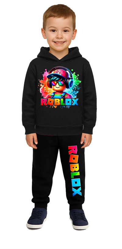 Roblox Baskılı Çocuk Eşofman Takımı 3 İplik Şardonlu Pamuklu Kumaş Kapüşonlu