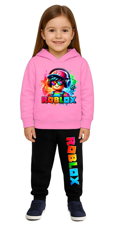 Roblox Baskılı Çocuk Eşofman Takımı 3 İplik Şardonlu Pamuklu Kumaş Kapüşonlu