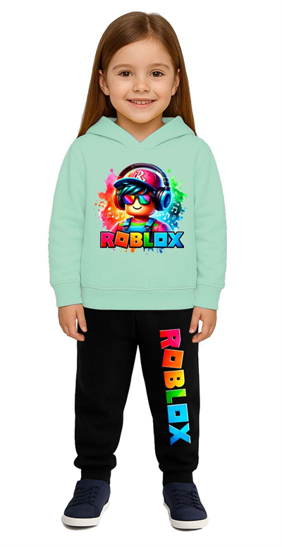 Roblox Baskılı Çocuk Eşofman Takımı 3 İplik Şardonlu Pamuklu Kumaş Kapüşonlu
