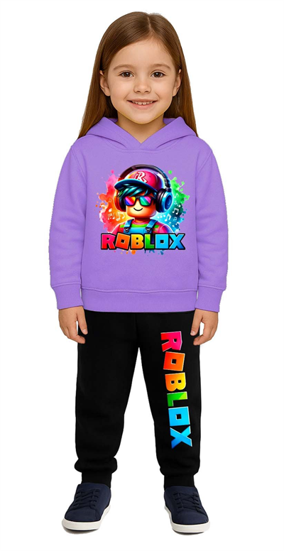 Roblox Baskılı Çocuk Eşofman Takımı 3 İplik Şardonlu Pamuklu Kumaş Kapüşonlu