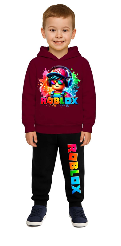 Roblox Baskılı Çocuk Eşofman Takımı 3 İplik Şardonlu Pamuklu Kumaş Kapüşonlu