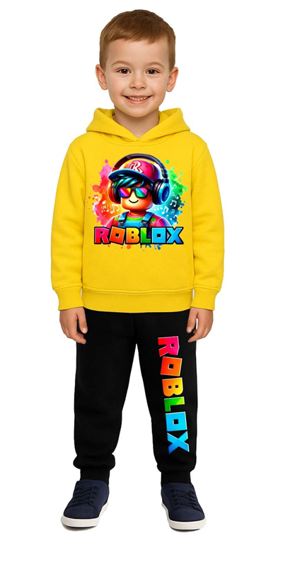 Roblox Baskılı Çocuk Eşofman Takımı 3 İplik Şardonlu Pamuklu Kumaş Kapüşonlu