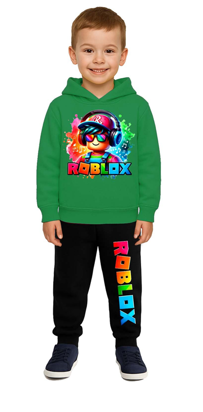 Roblox Baskılı Çocuk Eşofman Takımı 3 İplik Şardonlu Pamuklu Kumaş Kapüşonlu