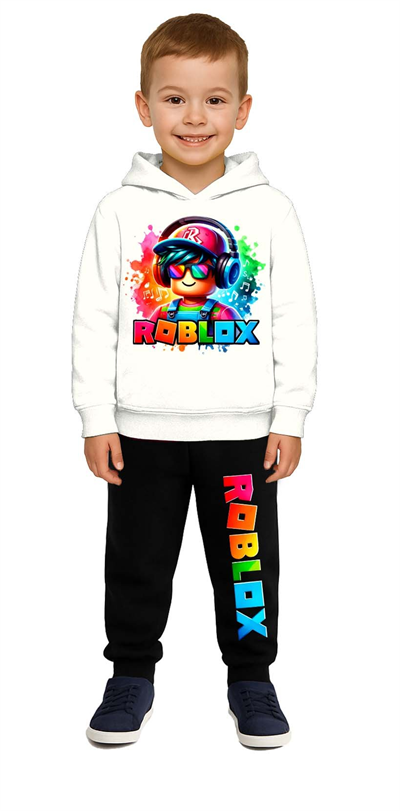 Roblox Baskılı Çocuk Eşofman Takımı 3 İplik Şardonlu Pamuklu Kumaş Kapüşonlu