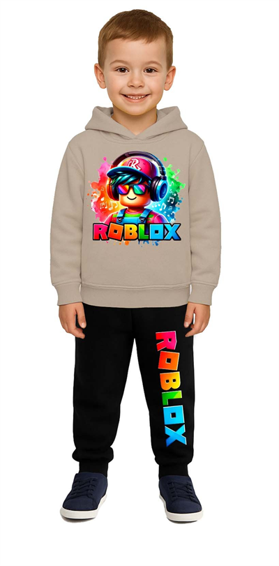 Roblox Baskılı Çocuk Eşofman Takımı 3 İplik Şardonlu Pamuklu Kumaş Kapüşonlu