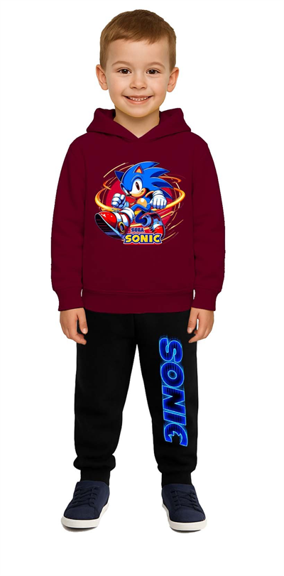 Sonic Baskılı Çocuk Eşofman Takımı 3 İplik Şardonlu Pamuklu Kumaş Kapüşonlu