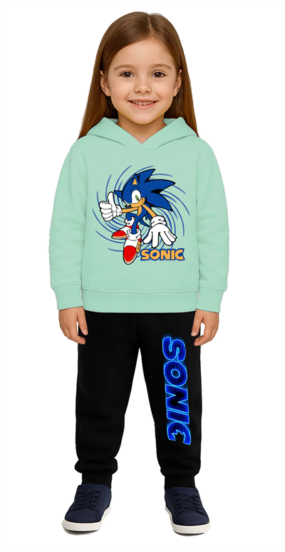 Sonic Baskılı Çocuk Eşofman Takımı 3 İplik Şardonlu Pamuklu Kumaş Kapüşonlu