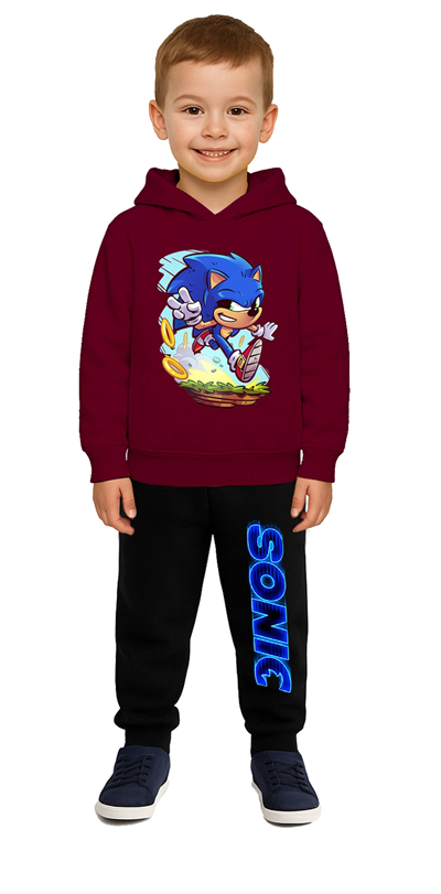 Sonic Baskılı Çocuk Eşofman Takımı 3 İplik Şardonlu Pamuklu Kumaş Kapüşonlu