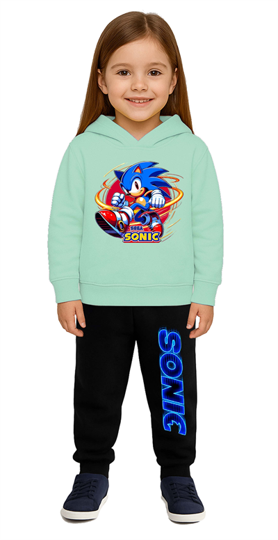 Sonic Baskılı Çocuk Eşofman Takımı 3 İplik Şardonlu Pamuklu Kumaş Kapüşonlu