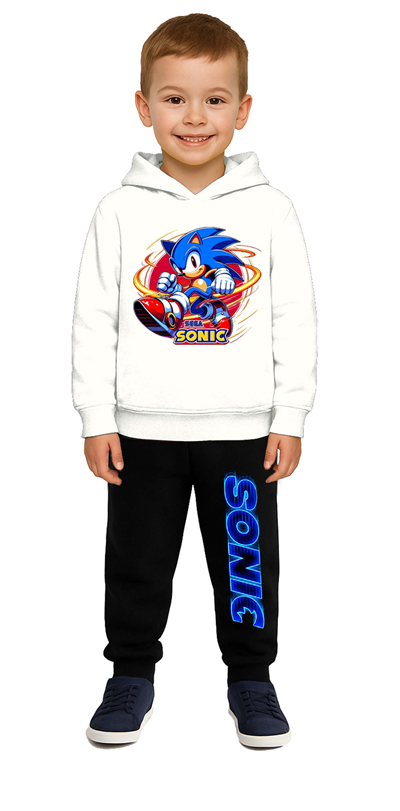 Sonic Baskılı Çocuk Eşofman Takımı 3 İplik Şardonlu Pamuklu Kumaş Kapüşonlu