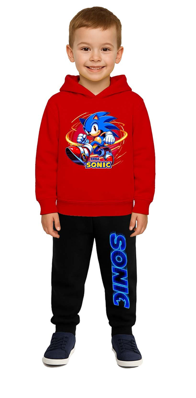 Sonic Baskılı Çocuk Eşofman Takımı 3 İplik Şardonlu Pamuklu Kumaş Kapüşonlu