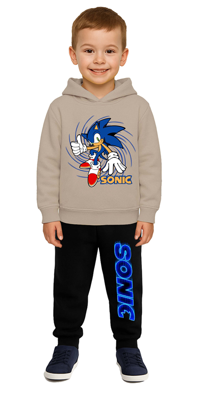 Sonic Baskılı Çocuk Eşofman Takımı 3 İplik Şardonlu Pamuklu Kumaş Kapüşonlu