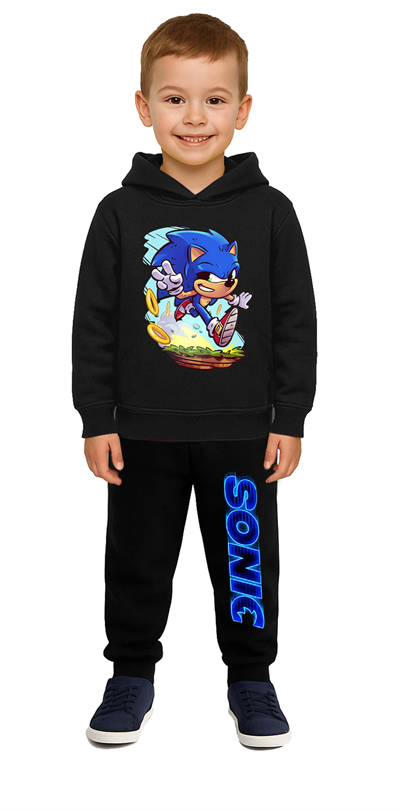 Sonic Baskılı Çocuk Eşofman Takımı 3 İplik Şardonlu Pamuklu Kumaş Kapüşonlu