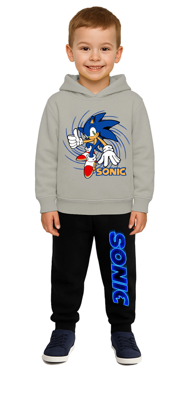 Sonic Baskılı Çocuk Eşofman Takımı 3 İplik Şardonlu Pamuklu Kumaş Kapüşonlu