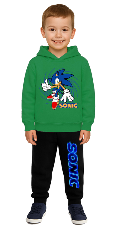 Sonic Baskılı Çocuk Eşofman Takımı 3 İplik Şardonlu Pamuklu Kumaş Kapüşonlu