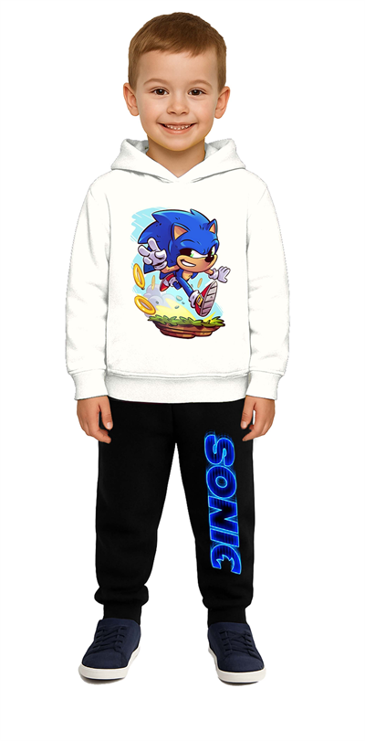 Sonic Baskılı Çocuk Eşofman Takımı 3 İplik Şardonlu Pamuklu Kumaş Kapüşonlu