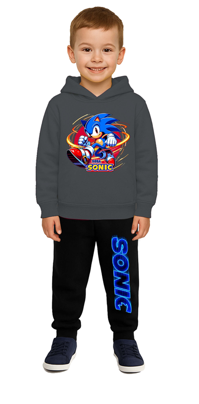Sonic Baskılı Çocuk Eşofman Takımı 3 İplik Şardonlu Pamuklu Kumaş Kapüşonlu