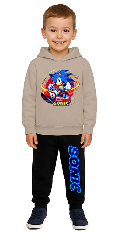 Sonic Baskılı Çocuk Eşofman Takımı 3 İplik Şardonlu Pamuklu Kumaş Kapüşonlu