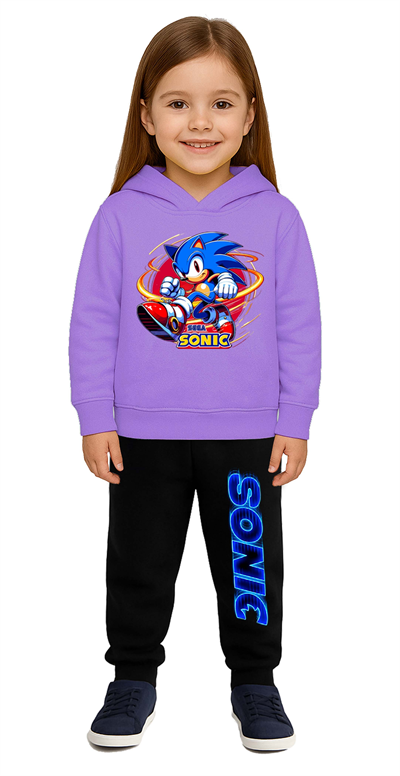 Sonic Baskılı Çocuk Eşofman Takımı 3 İplik Şardonlu Pamuklu Kumaş Kapüşonlu