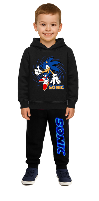 Sonic Baskılı Çocuk Eşofman Takımı 3 İplik Şardonlu Pamuklu Kumaş Kapüşonlu