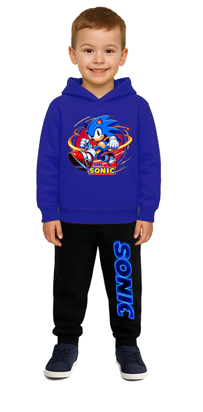Sonic Baskılı Çocuk Eşofman Takımı 3 İplik Şardonlu Pamuklu Kumaş Kapüşonlu