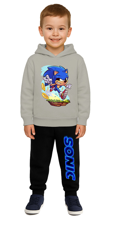 Sonic Baskılı Çocuk Eşofman Takımı 3 İplik Şardonlu Pamuklu Kumaş Kapüşonlu