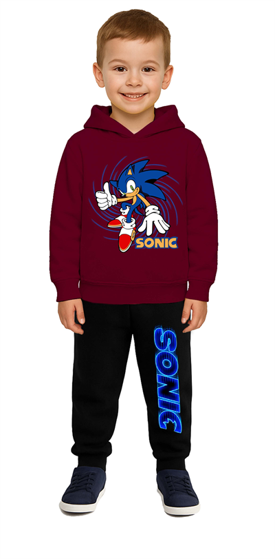 Sonic Baskılı Çocuk Eşofman Takımı 3 İplik Şardonlu Pamuklu Kumaş Kapüşonlu