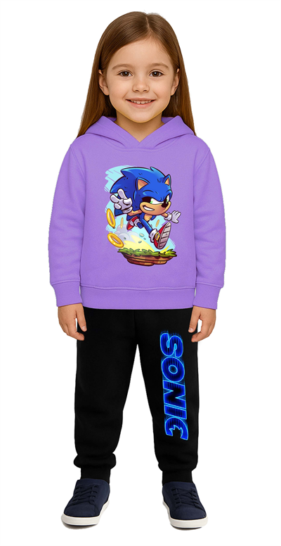 Sonic Baskılı Çocuk Eşofman Takımı 3 İplik Şardonlu Pamuklu Kumaş Kapüşonlu