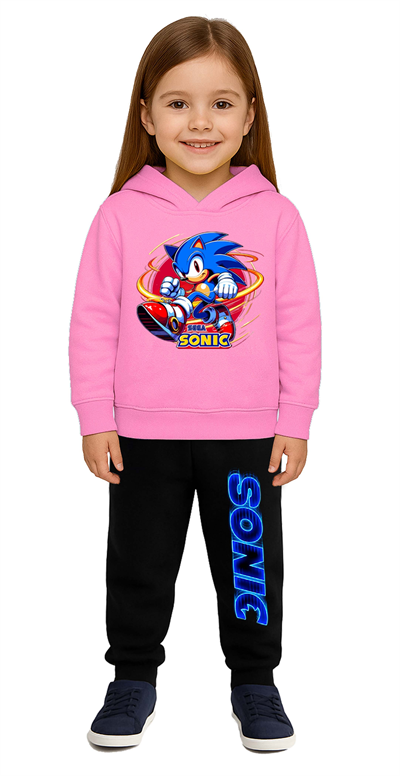 Sonic Baskılı Çocuk Eşofman Takımı 3 İplik Şardonlu Pamuklu Kumaş Kapüşonlu