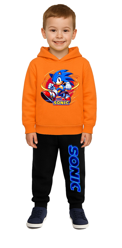 Sonic Baskılı Çocuk Eşofman Takımı 3 İplik Şardonlu Pamuklu Kumaş Kapüşonlu