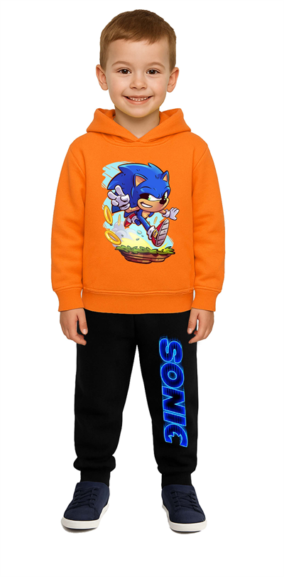 Sonic Baskılı Çocuk Eşofman Takımı 3 İplik Şardonlu Pamuklu Kumaş Kapüşonlu