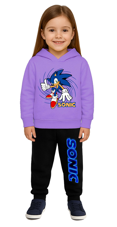 Sonic Baskılı Çocuk Eşofman Takımı 3 İplik Şardonlu Pamuklu Kumaş Kapüşonlu
