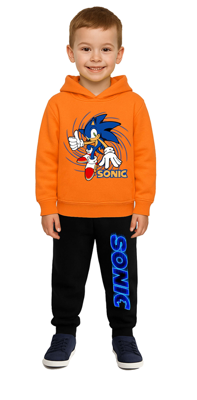 Sonic Baskılı Çocuk Eşofman Takımı 3 İplik Şardonlu Pamuklu Kumaş Kapüşonlu