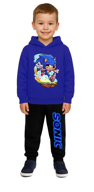 Sonic Baskılı Çocuk Eşofman Takımı 3 İplik Şardonlu Pamuklu Kumaş Kapüşonlu