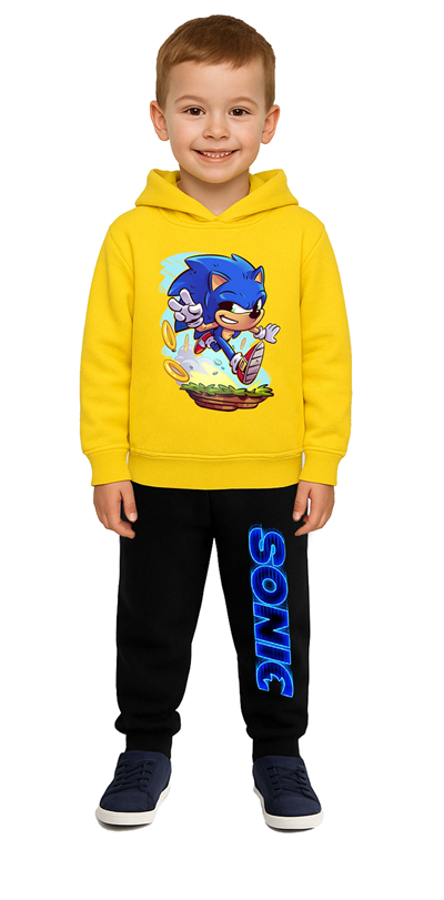 Sonic Baskılı Çocuk Eşofman Takımı 3 İplik Şardonlu Pamuklu Kumaş Kapüşonlu