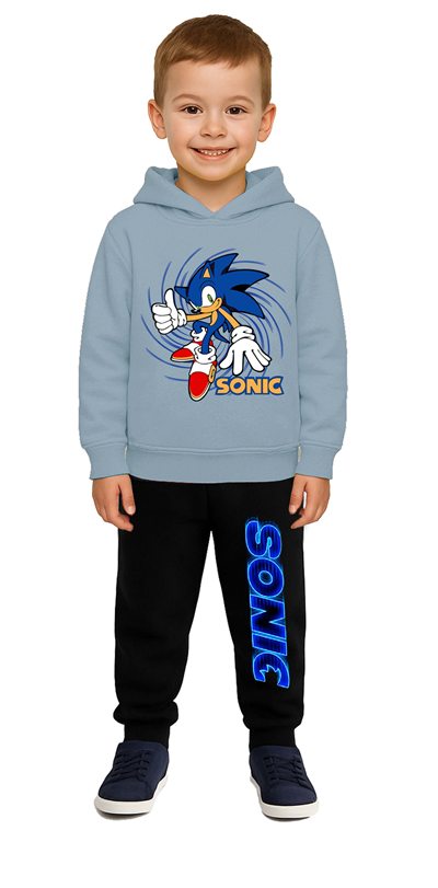 Sonic Baskılı Çocuk Eşofman Takımı 3 İplik Şardonlu Pamuklu Kumaş Kapüşonlu