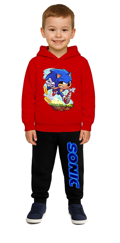 Sonic Baskılı Çocuk Eşofman Takımı 3 İplik Şardonlu Pamuklu Kumaş Kapüşonlu