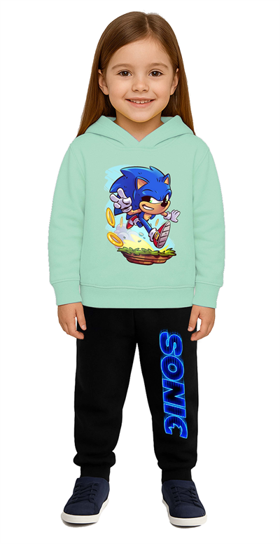 Sonic Baskılı Çocuk Eşofman Takımı 3 İplik Şardonlu Pamuklu Kumaş Kapüşonlu